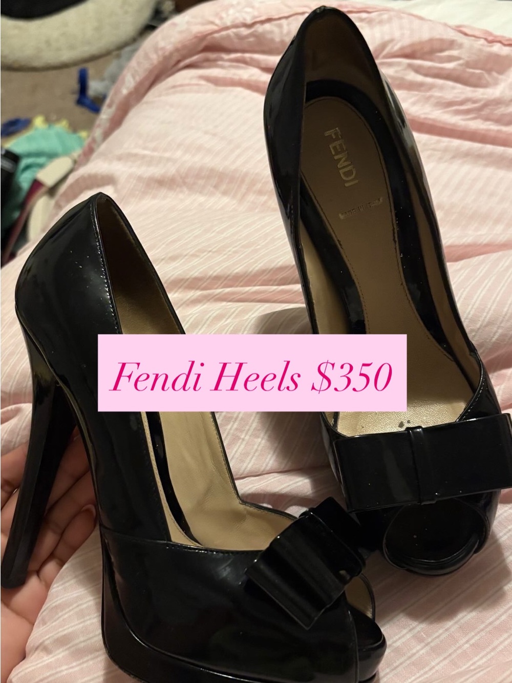 Fendi Black Patent Leather Bow Peep-Toe Pumps